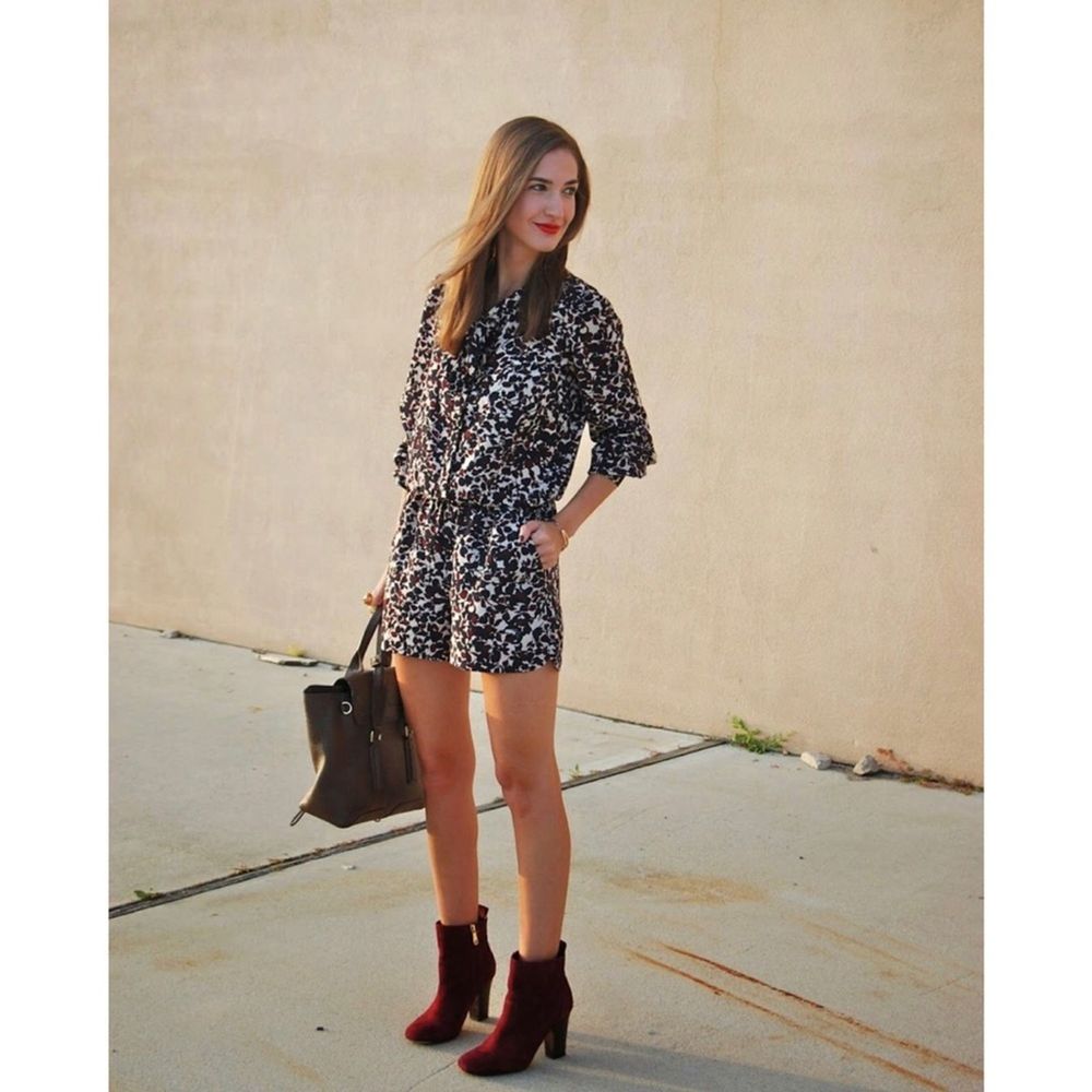 LOFT Navy and Burgundy Floral Long Sleeve Romper